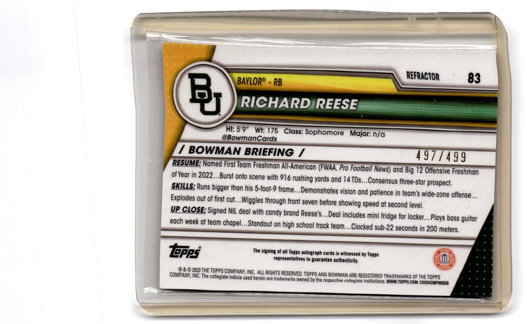 2023 Bowman University Chrome #83 Richard Reese Autographs Refractor #/499