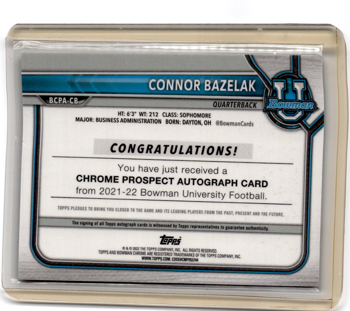 2021-22 Bowman University Connor Bazelak Bowman Prospects Autographs Green /99