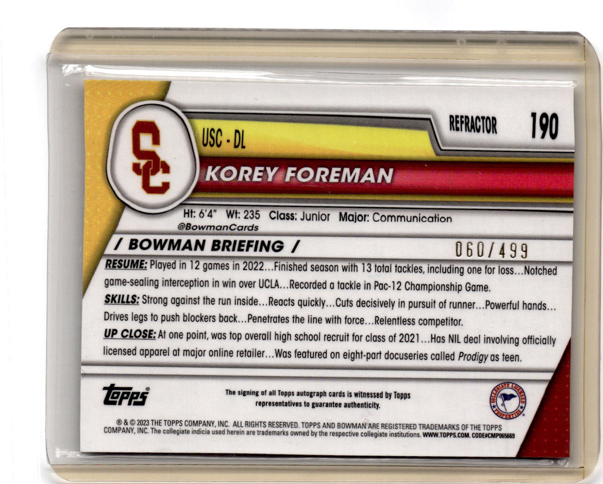 2023 Bowman University Chrome #190 Korey Foreman Autographs Refractor #/499