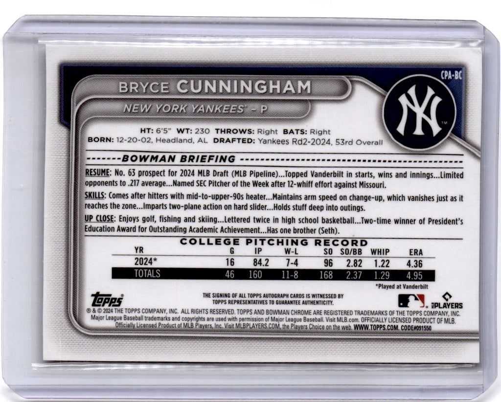 2024 Bowman Draft #CPA-BC Bryce Cunningham Chrome Prospect Autographs