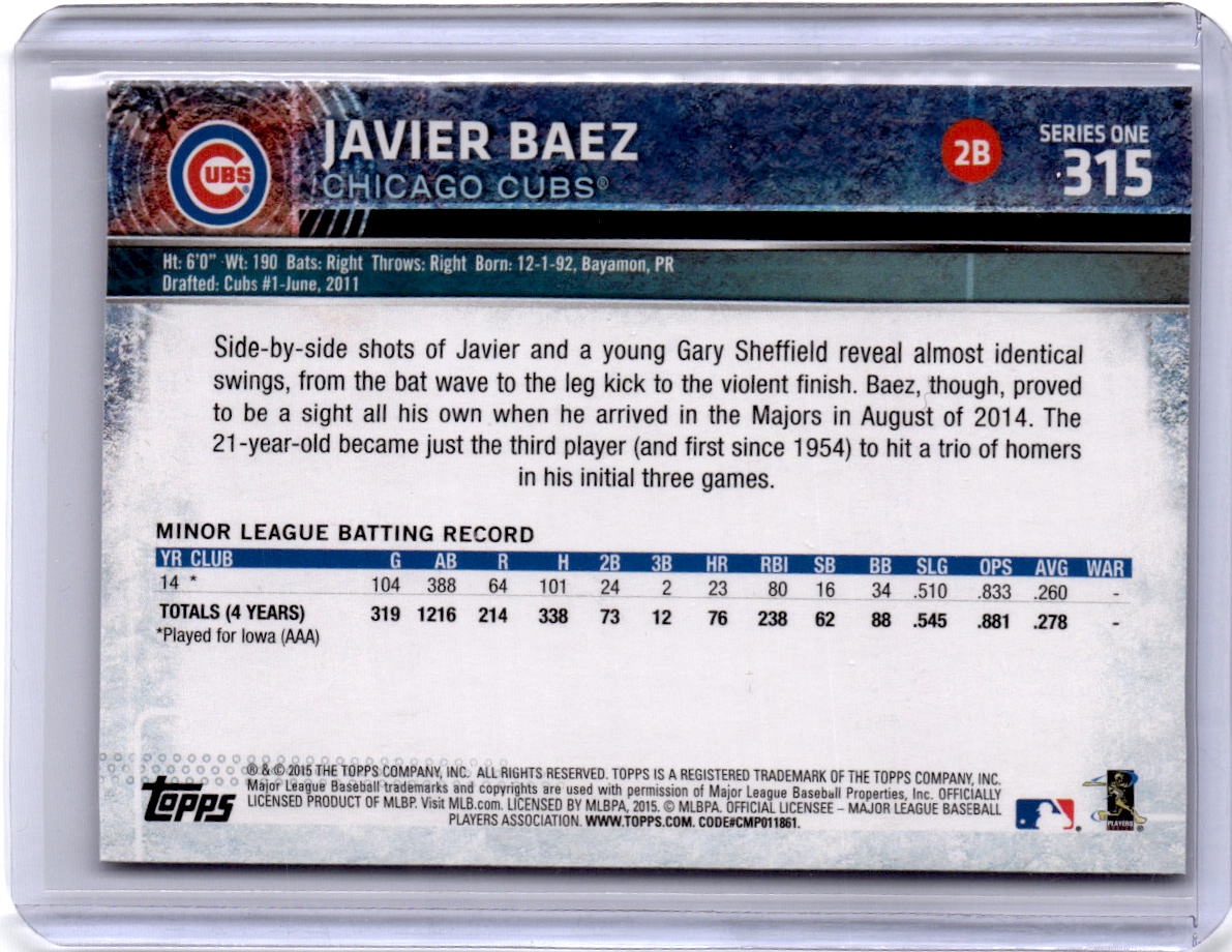 2015 Topps #315a Javier Baez : Sparkle on top of runner's helmet