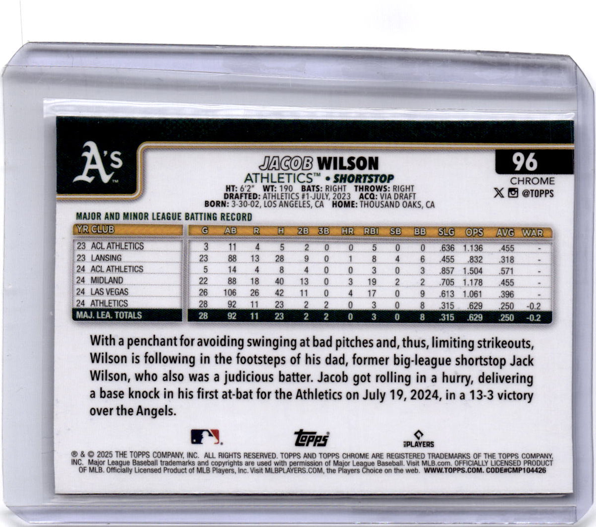 2025 Topps Chrome #96 Jacob Wilson X-Fractors