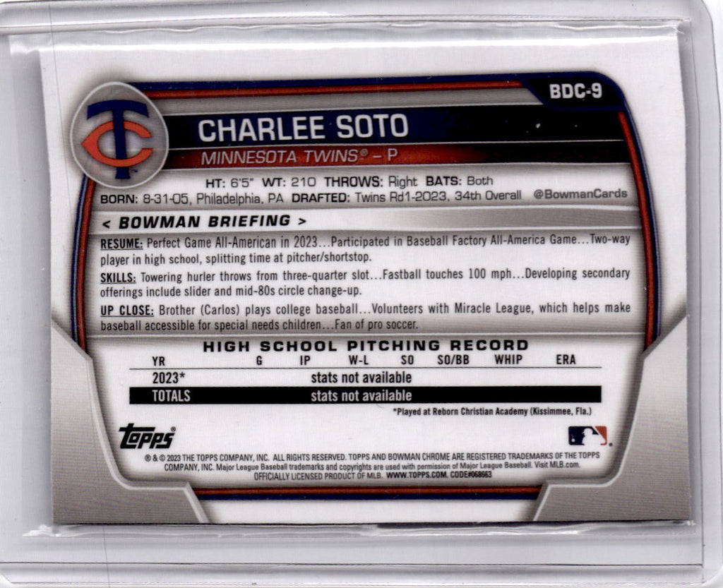 2023 Bowman Draft #BDC-9 Charlee Soto Chrome Sparkle Refractor