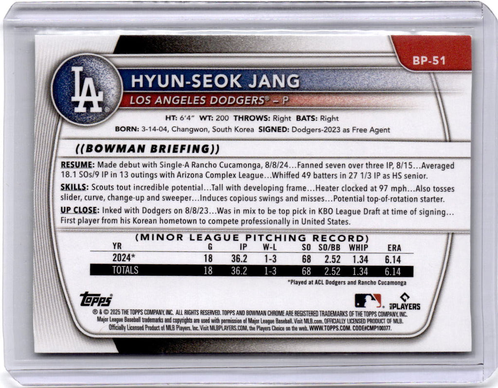 2025 Bowman #BP-51 Hyun-Seok Jang Prospects Neon Green #/399
