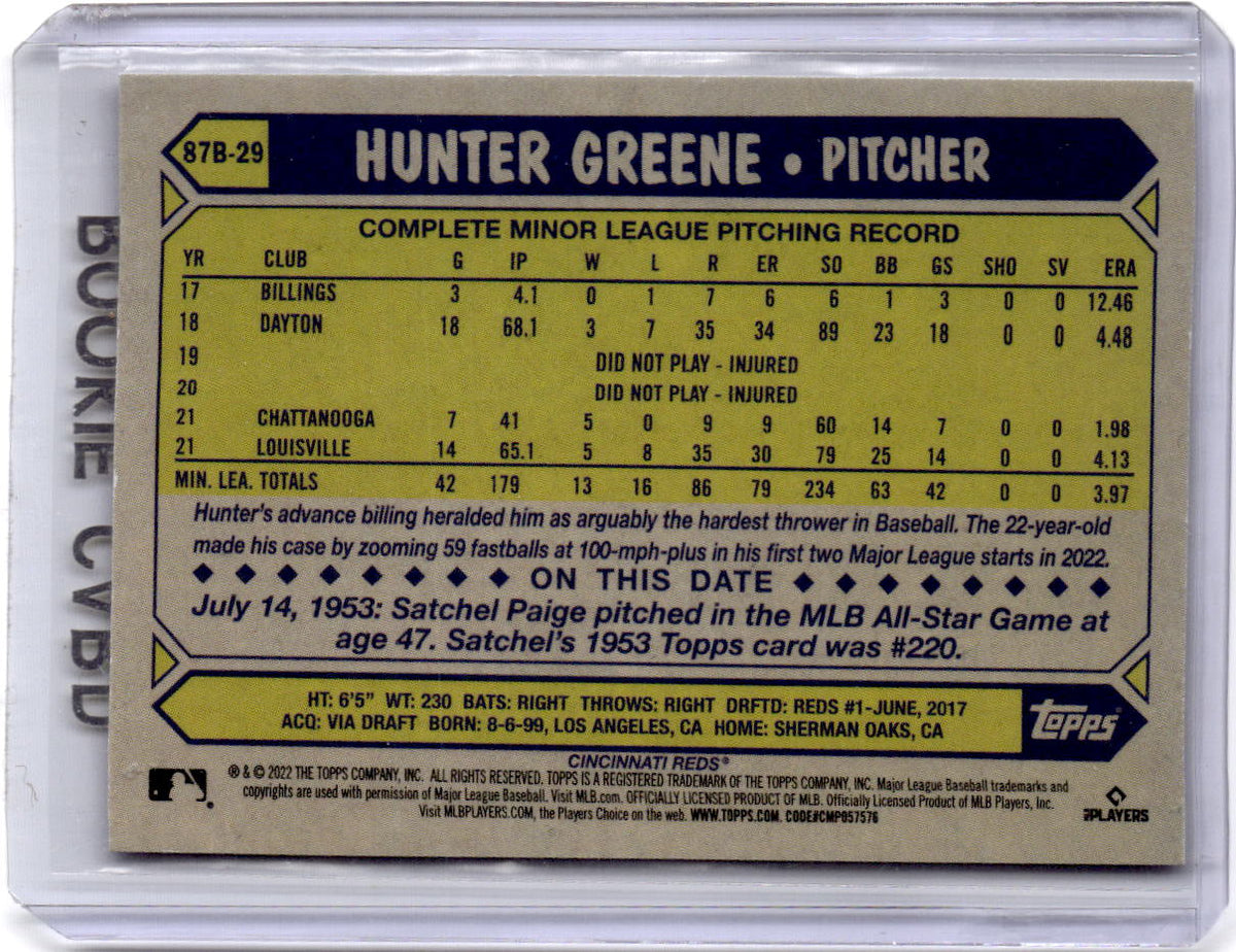 2022 Topps Japan Edition #87B-29 Hunter Greene 1987 Topps Baseball Cherry Tree