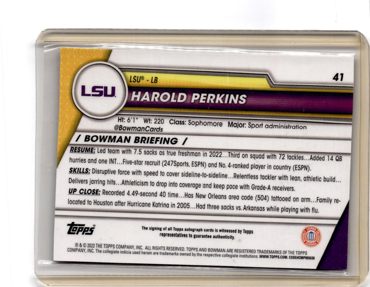 2023 Bowman University Chrome #41 Harold Perkins Chrome Prospect Autographs