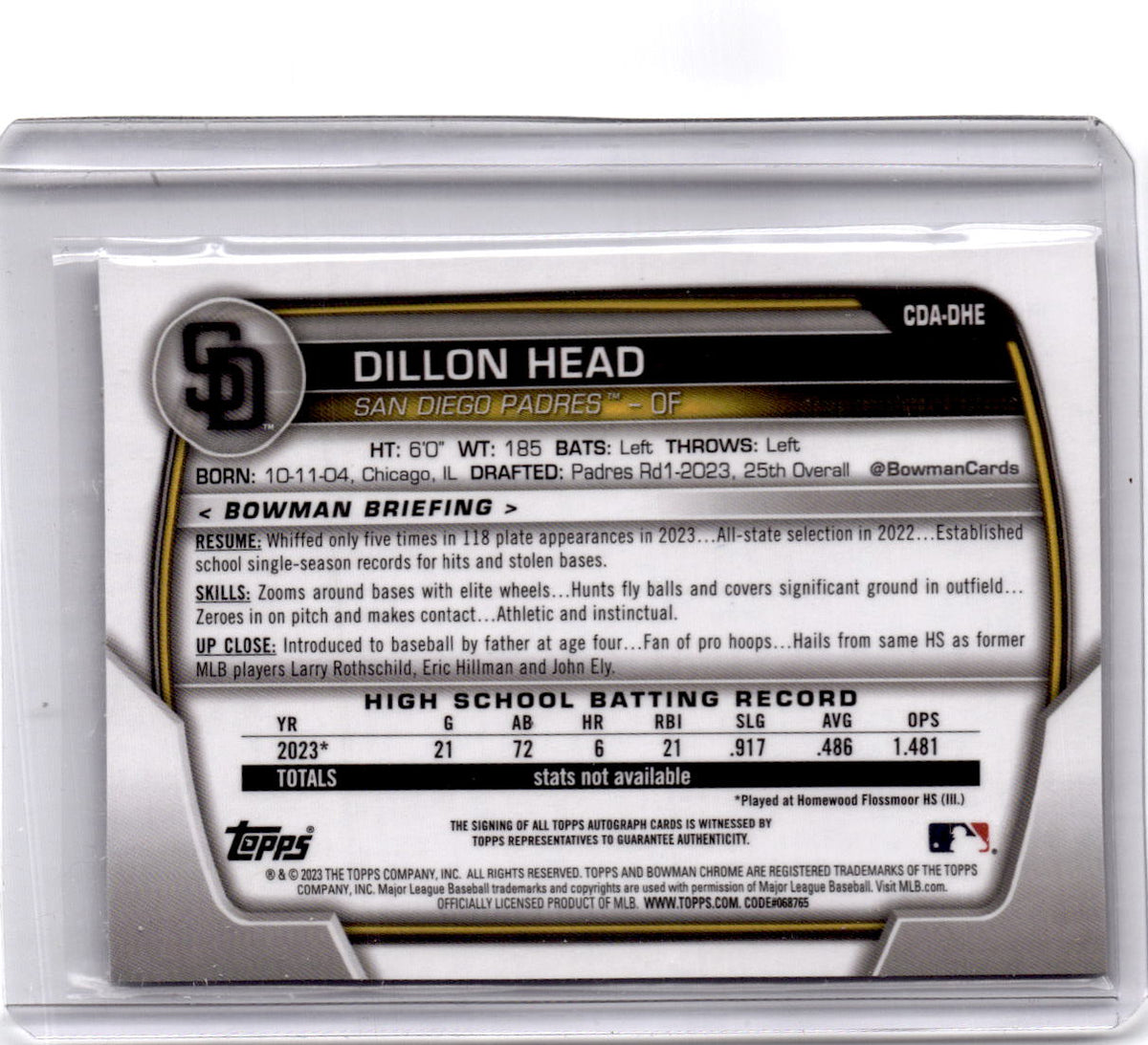 2023 Bowman Draft #CDA-DHE Dillon Head Chrome Prospect Autographs