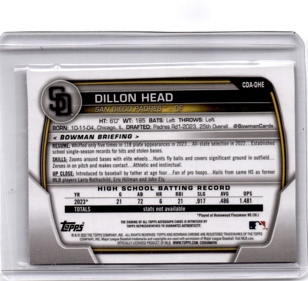 2023 Bowman Draft #CDA-DHE Dillon Head Chrome Prospect Autographs