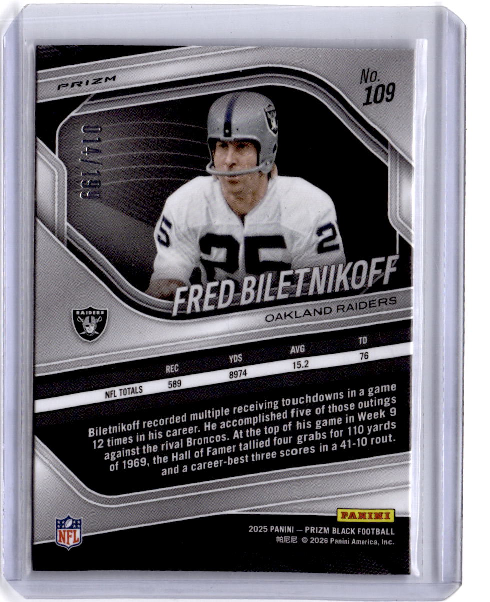 2025 Panini Prizm Black #109 Fred Biletnikoff Prizms Blue #/199