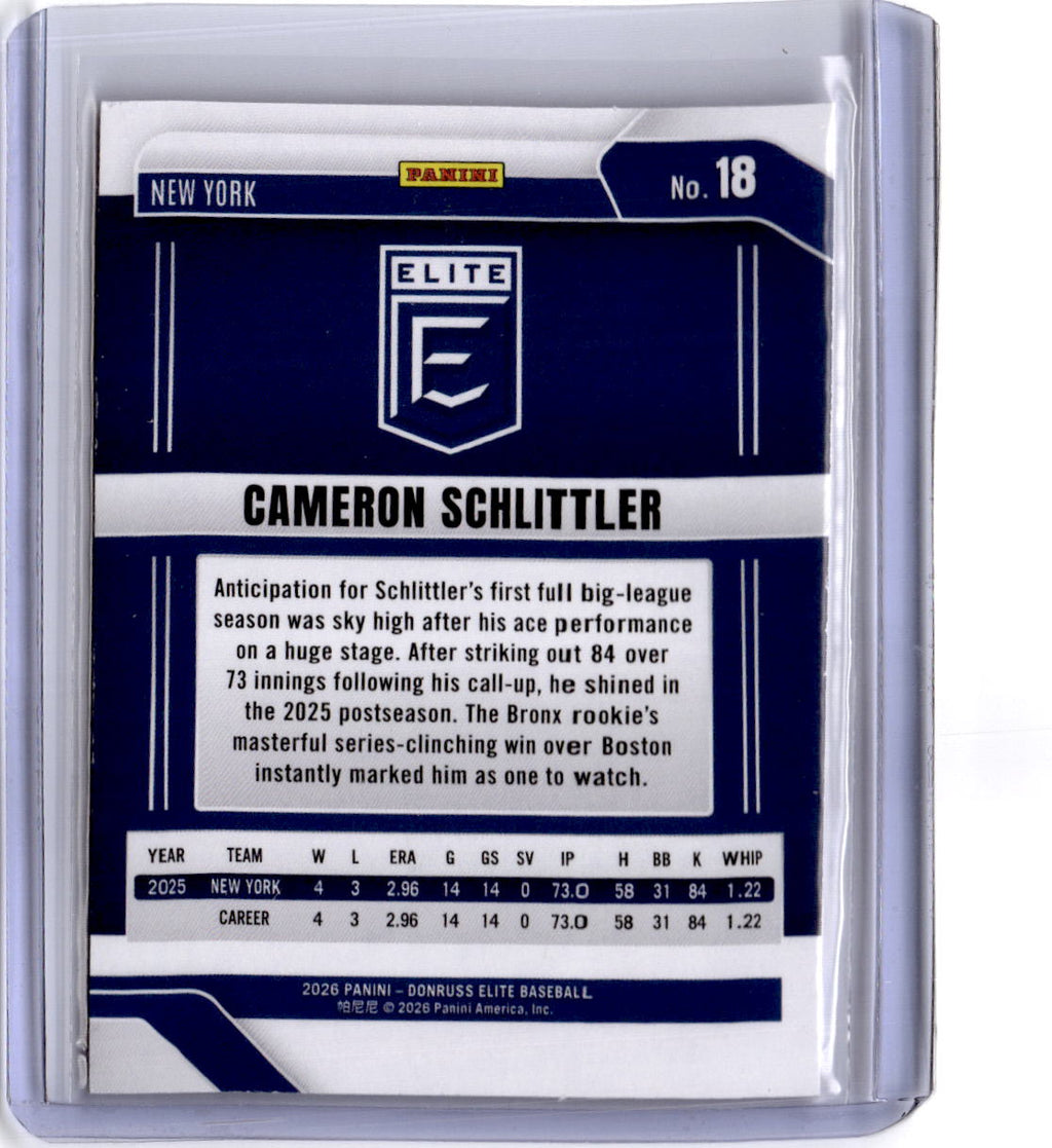 2026 Donruss Elite #18 Cameron Schlittler Aspirations Shimmer #/499