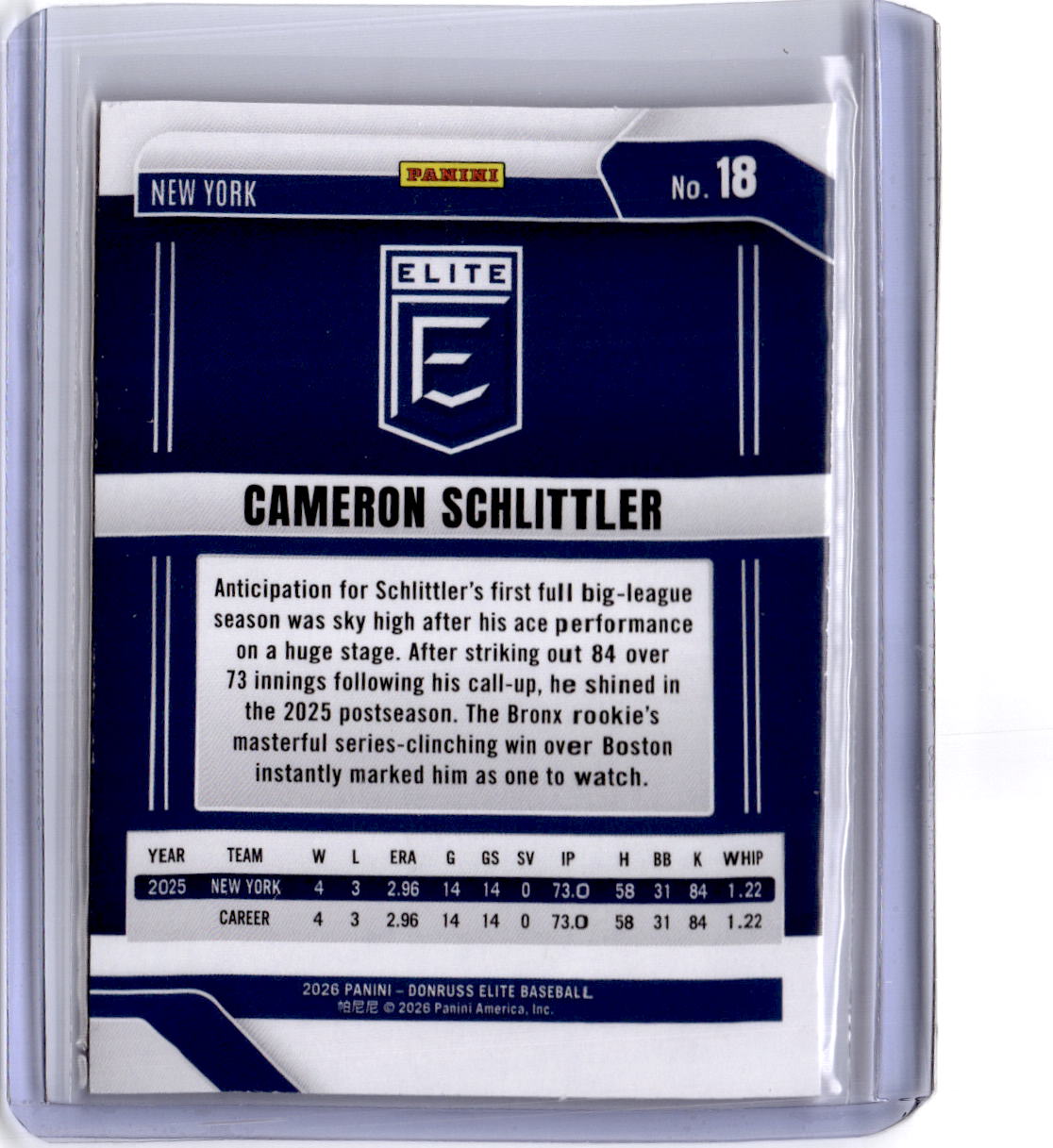 2026 Donruss Elite #18 Cameron Schlittler Aspirations Shimmer #/499