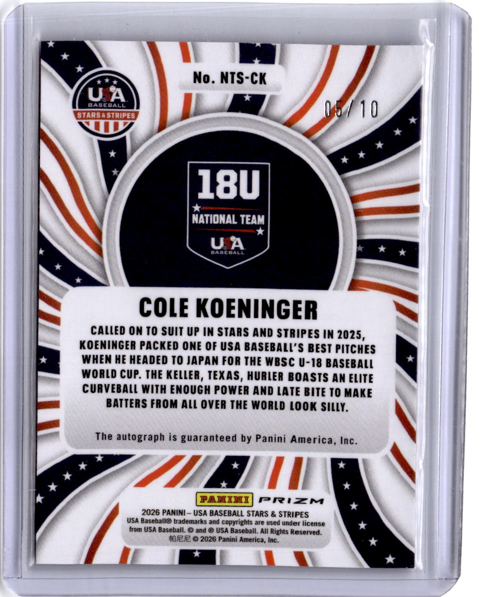 2026 Panini Stars Stripes Prizm Cole Koeninger 18U National Auto Prizms Gold /10