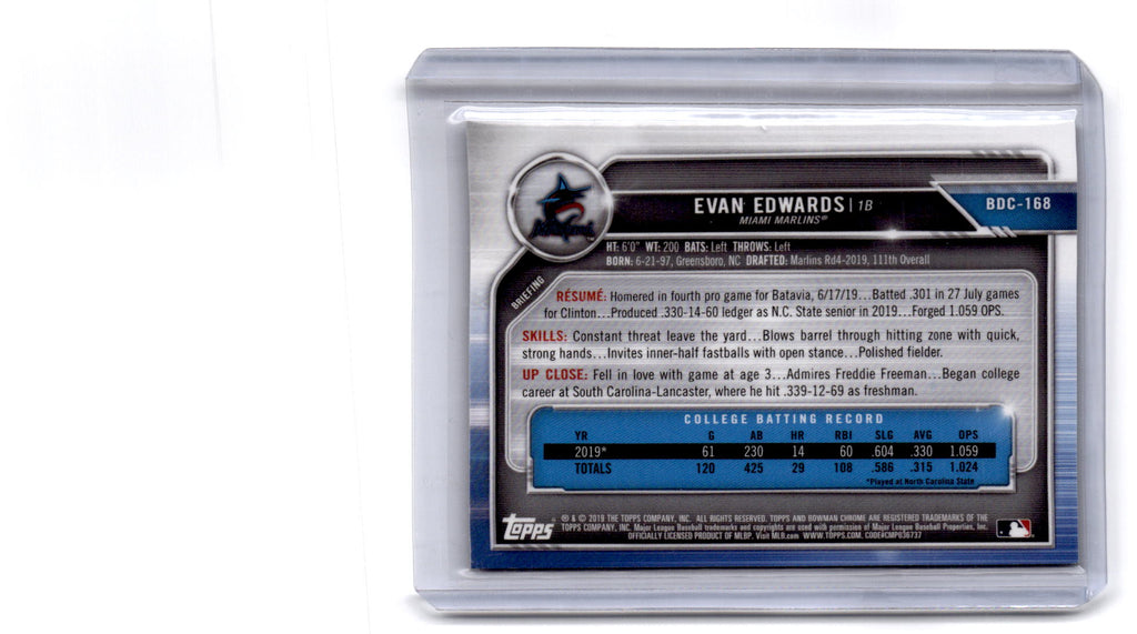 2019 Bowman Draft #BDC-168 Evan Edwards Chrome Green Refractor #/99