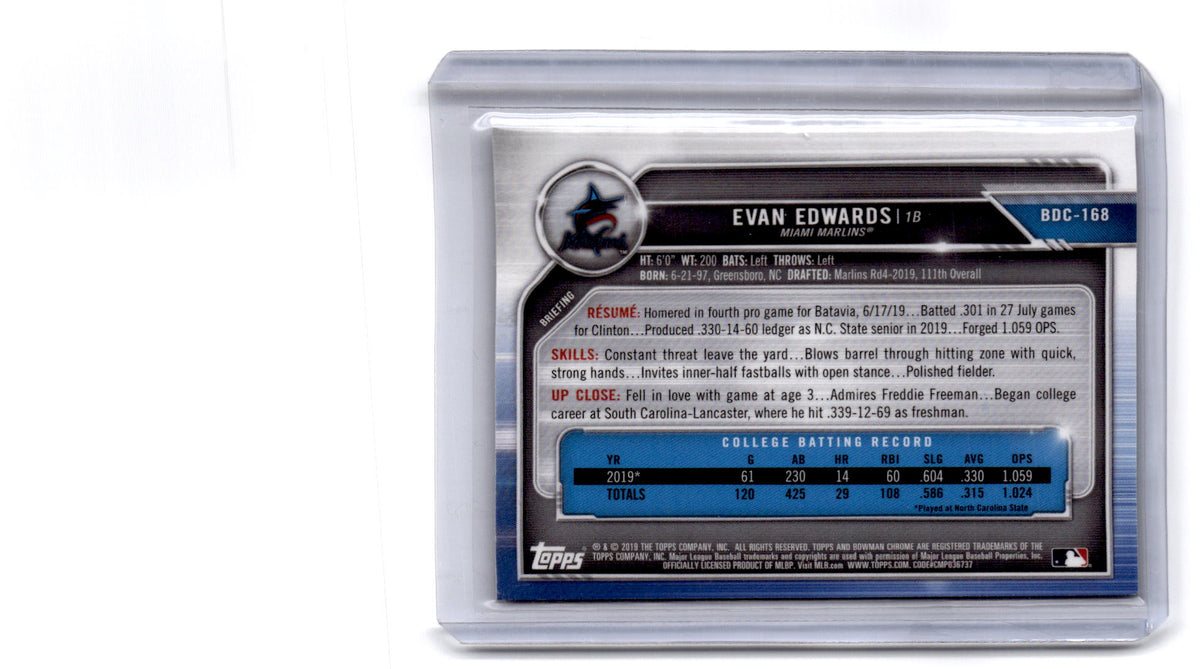 2019 Bowman Draft #BDC-168 Evan Edwards Chrome Green Refractor #/99