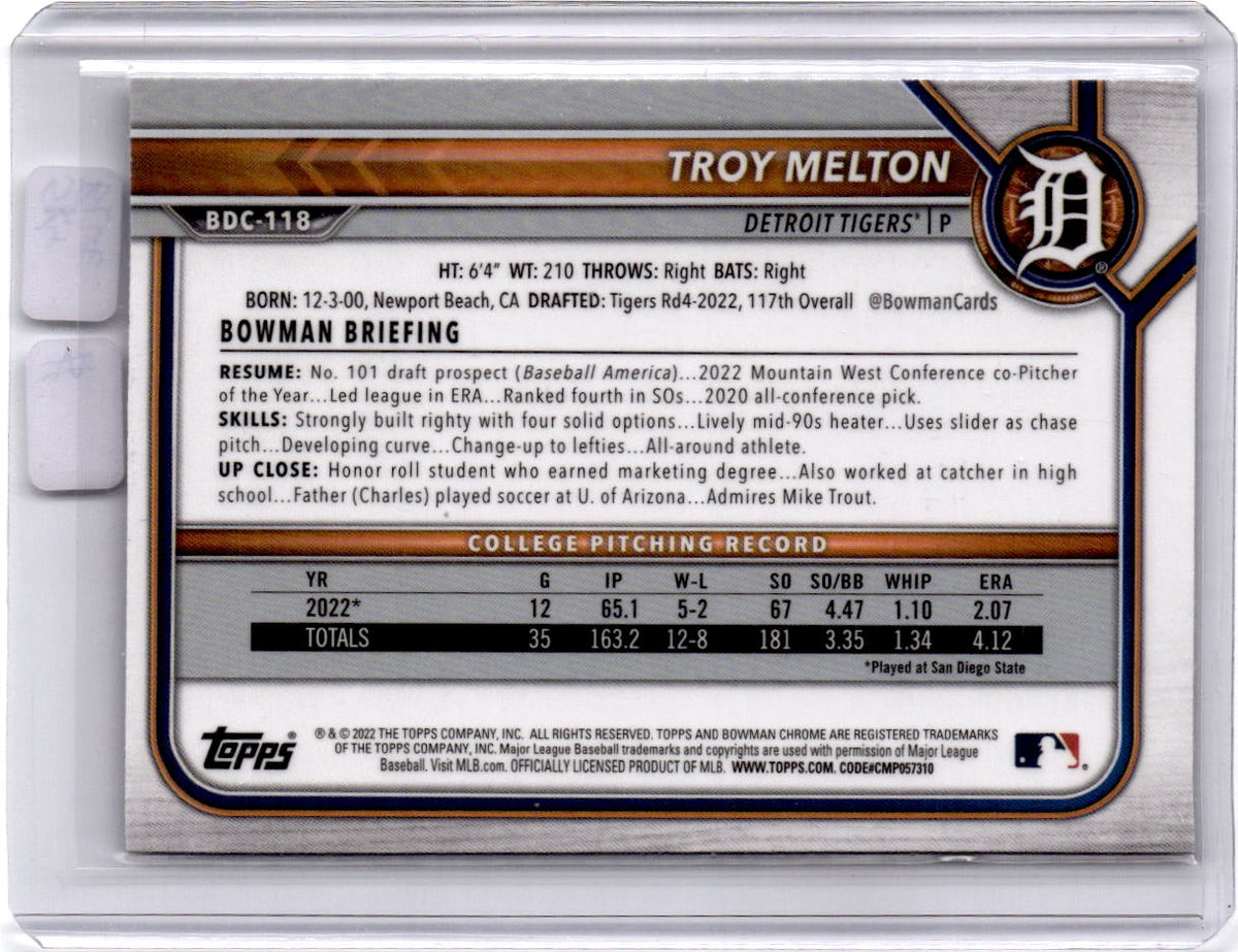 2022 Bowman Draft #BDC-118 Troy Melton Chrome Sky Blue Refractor