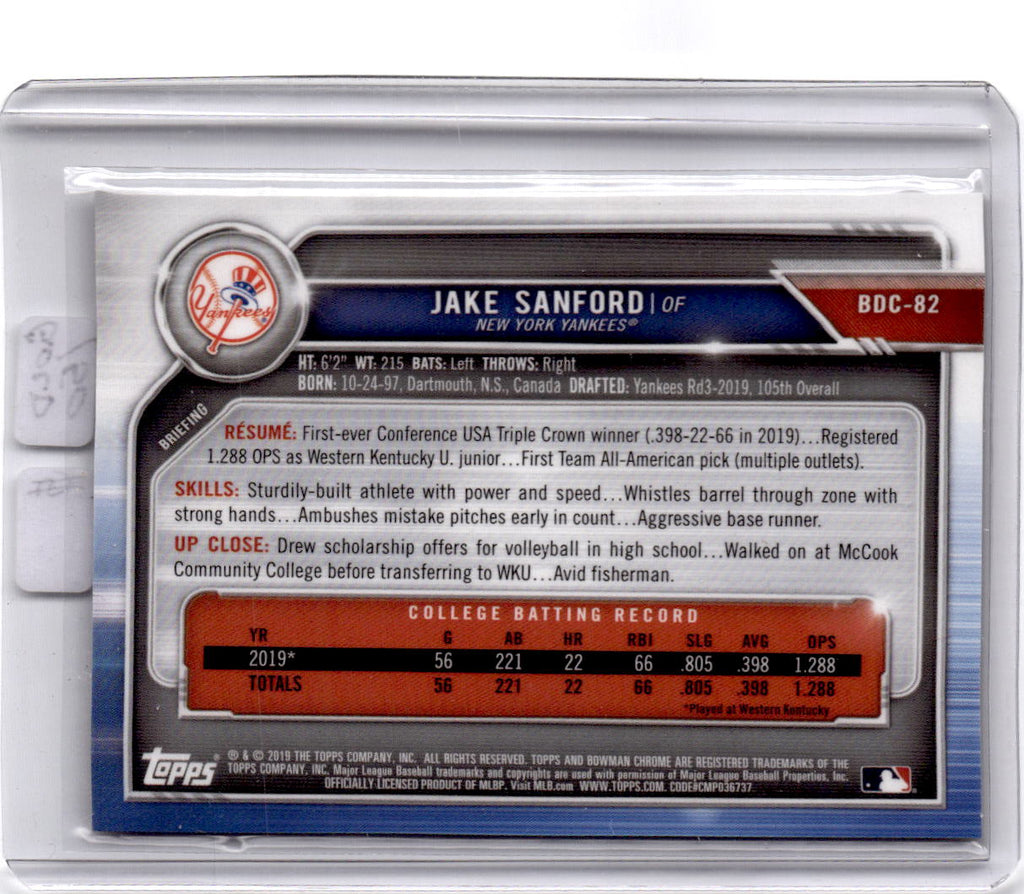 2019 Bowman Draft #BDC-82 Jake Sanford Chrome Gold Refractor #/50