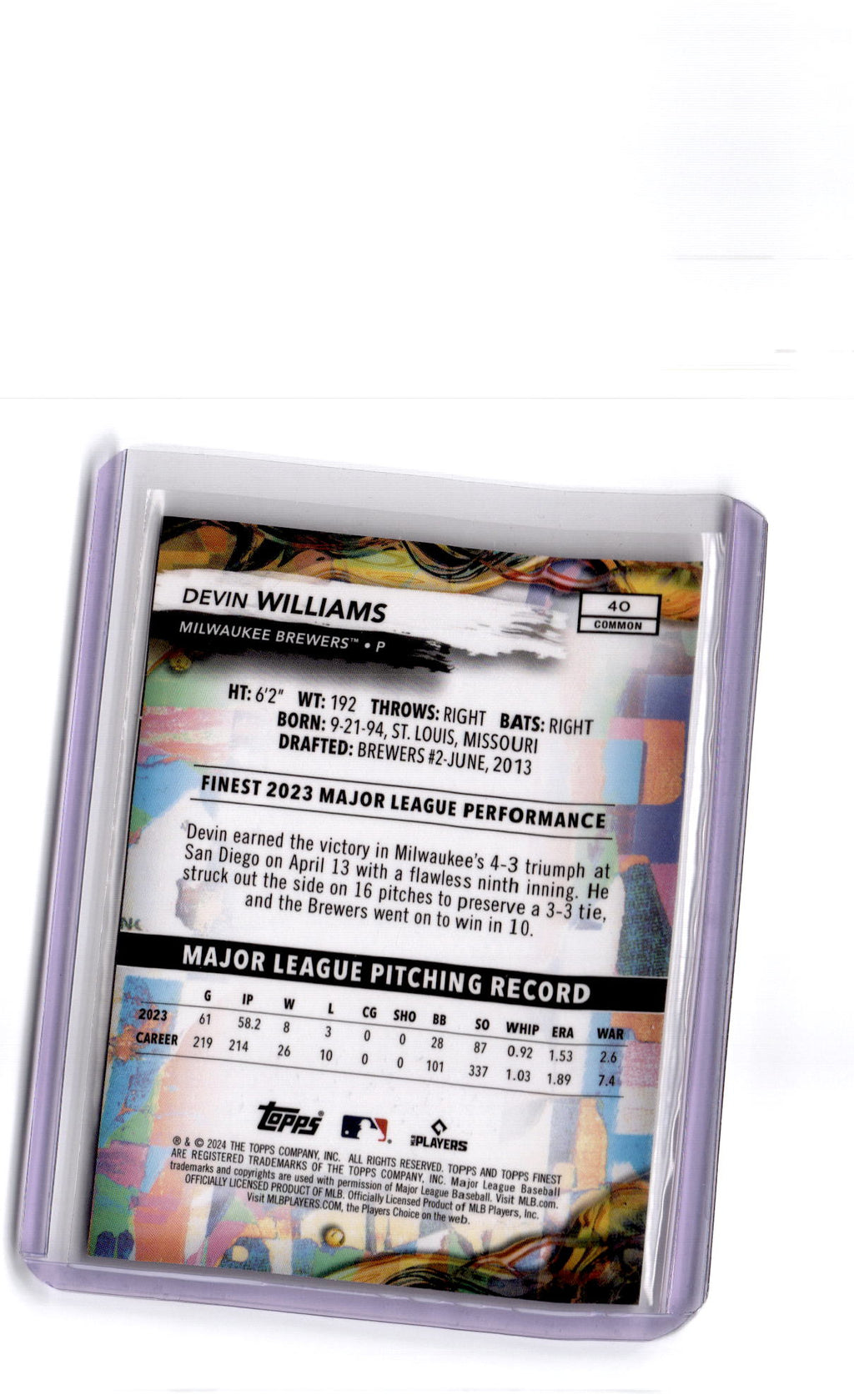 2024 Finest #40 Devin Williams Purple Checkerboard Refractors #/150