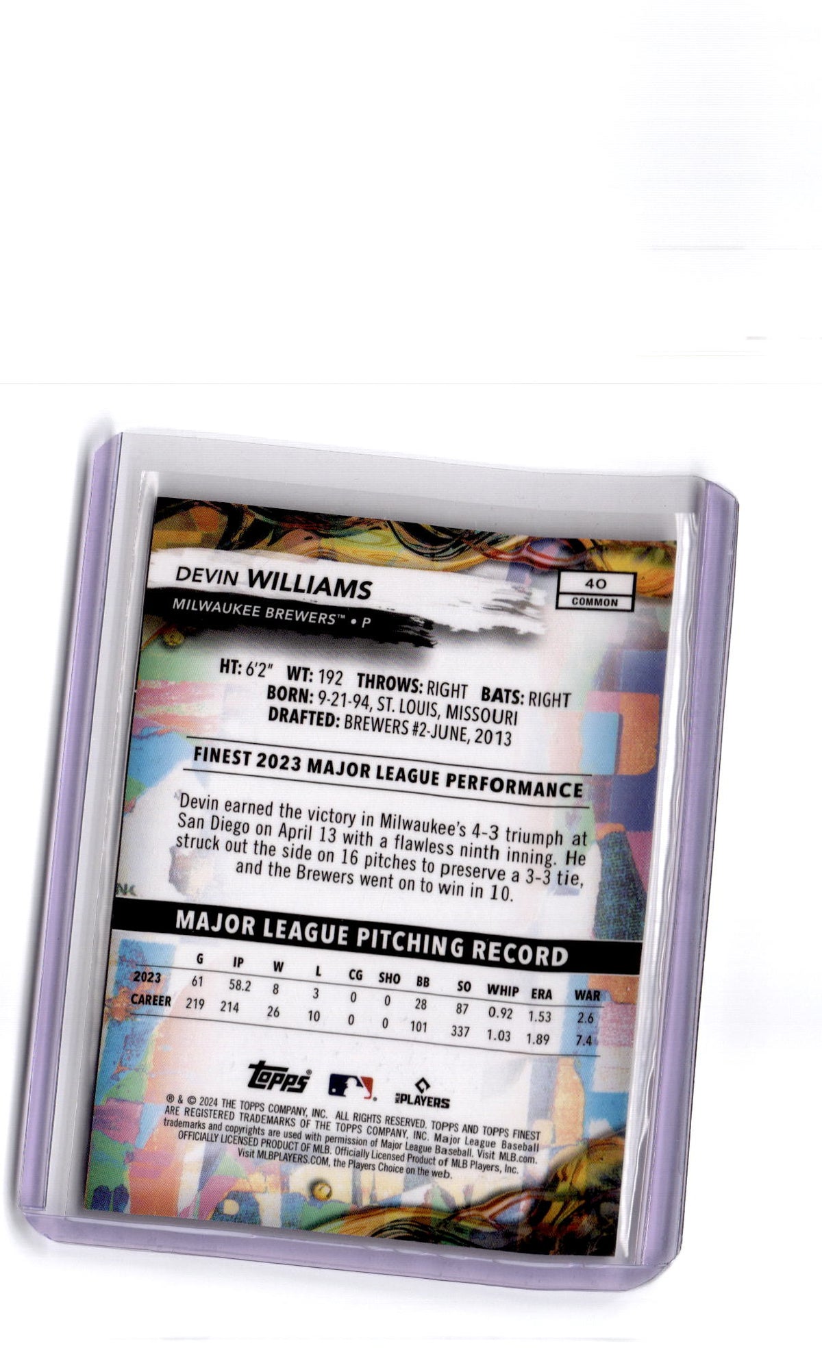 2024 Finest #40 Devin Williams Purple Checkerboard Refractors #/150