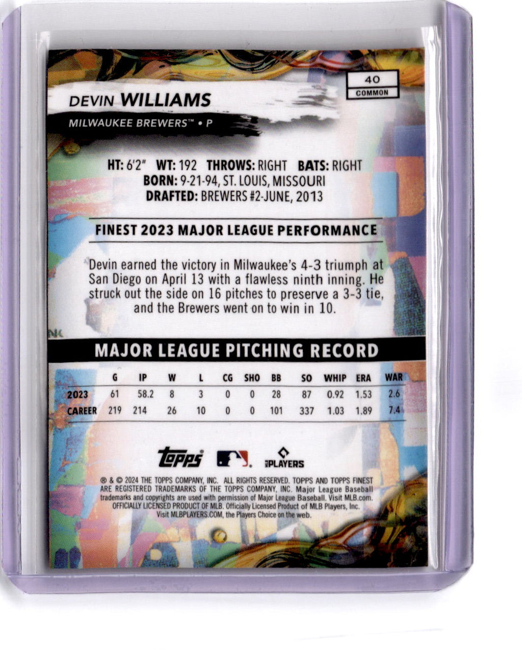 2024 Finest #40 Devin Williams Green Refractors #/75