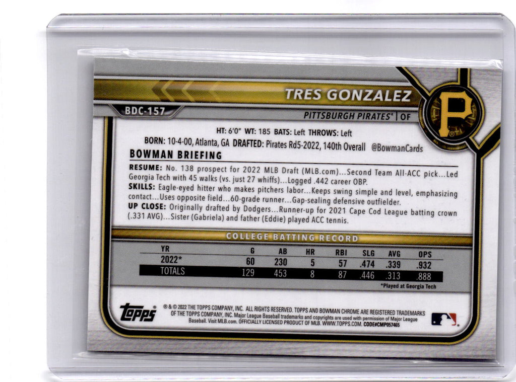 2022 Bowman Draft Sapphire Edition #BDC-157 Tres Gonzalez Green #/50