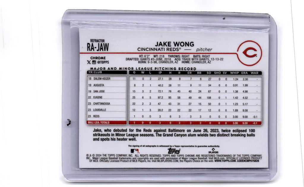 2024 Topps Chrome #RA-JAW Jake Wong Rookie Autographs Refractor #/499