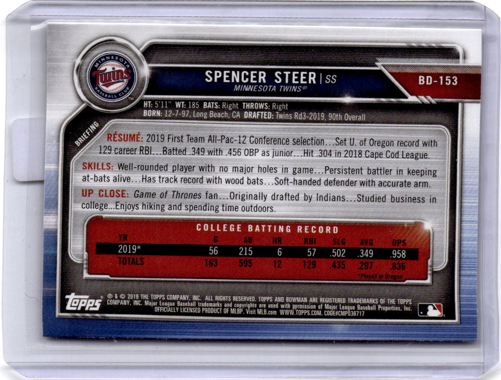 2019 Bowman Draft #BD-153 Spencer Steer