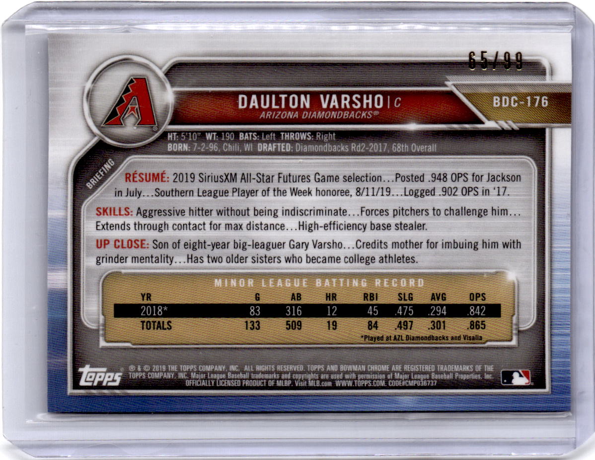 2019 Bowman Draft Sapphire Edition #BDC-176 Daulton Varsho Blue Sapphire #/99