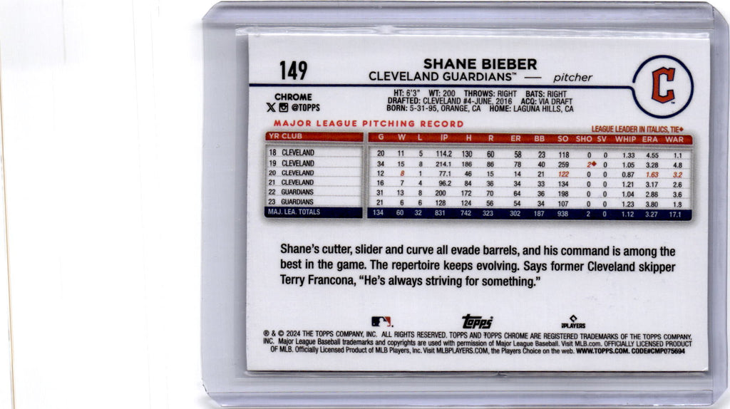 2024 Topps Chrome #149 Shane Bieber Negative Refractors