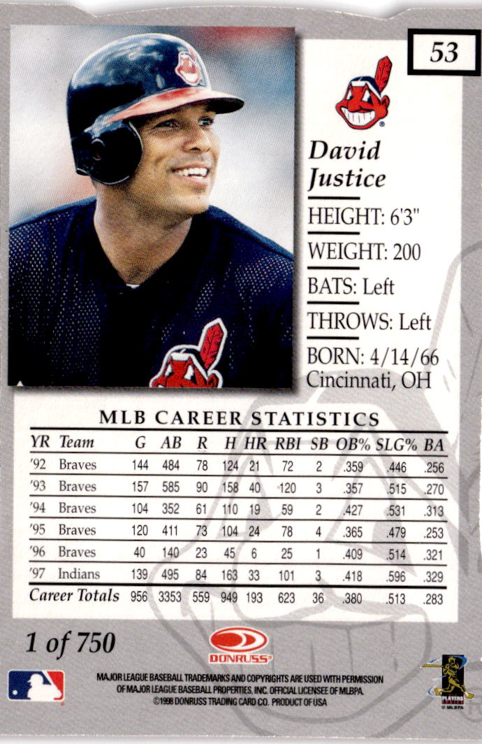 1998 Donruss Elite #53 David Justice Aspirations