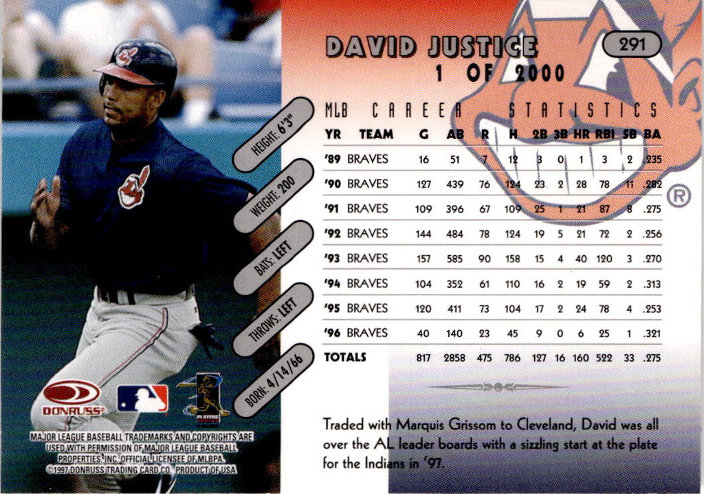1997 Donruss #291 David Justice Press Proofs Silver