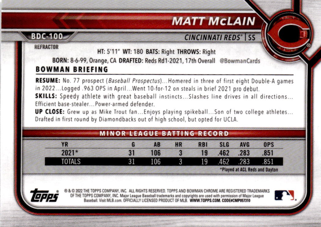 2022 Bowman Draft #BDC-100 Matt McLain Chrome Refractor
