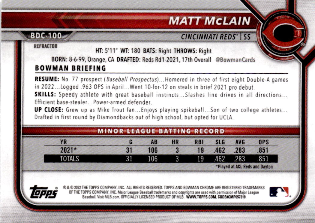 2022 Bowman Draft #BDC-100 Matt McLain Chrome Refractor