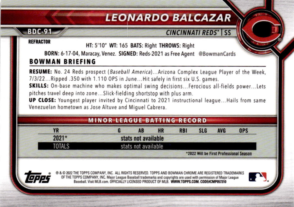 2022 Bowman Draft #BDC-91 Leonardo Balcazar Chrome Refractor