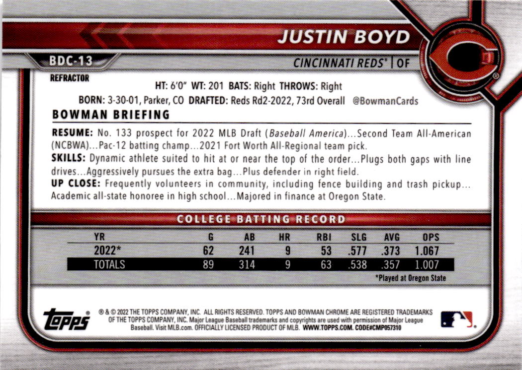 2022 Bowman Draft #BDC-13 Justin Boyd Chrome Refractor