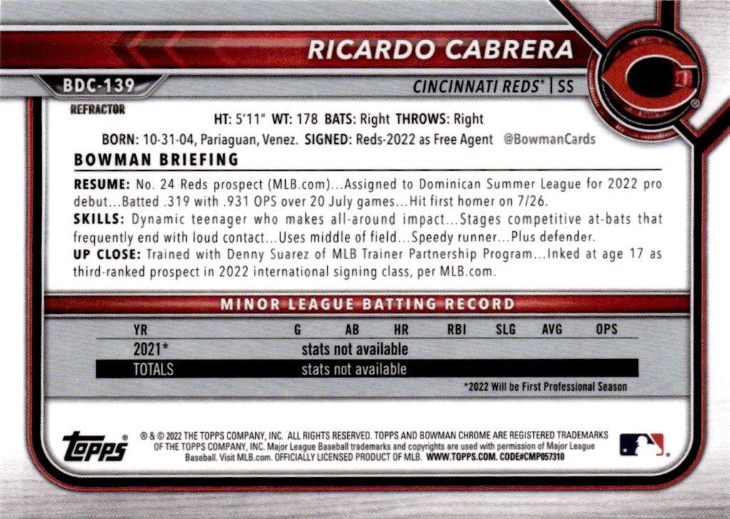 2022 Bowman Draft #BDC-139 Ricardo Cabrera Chrome Refractor