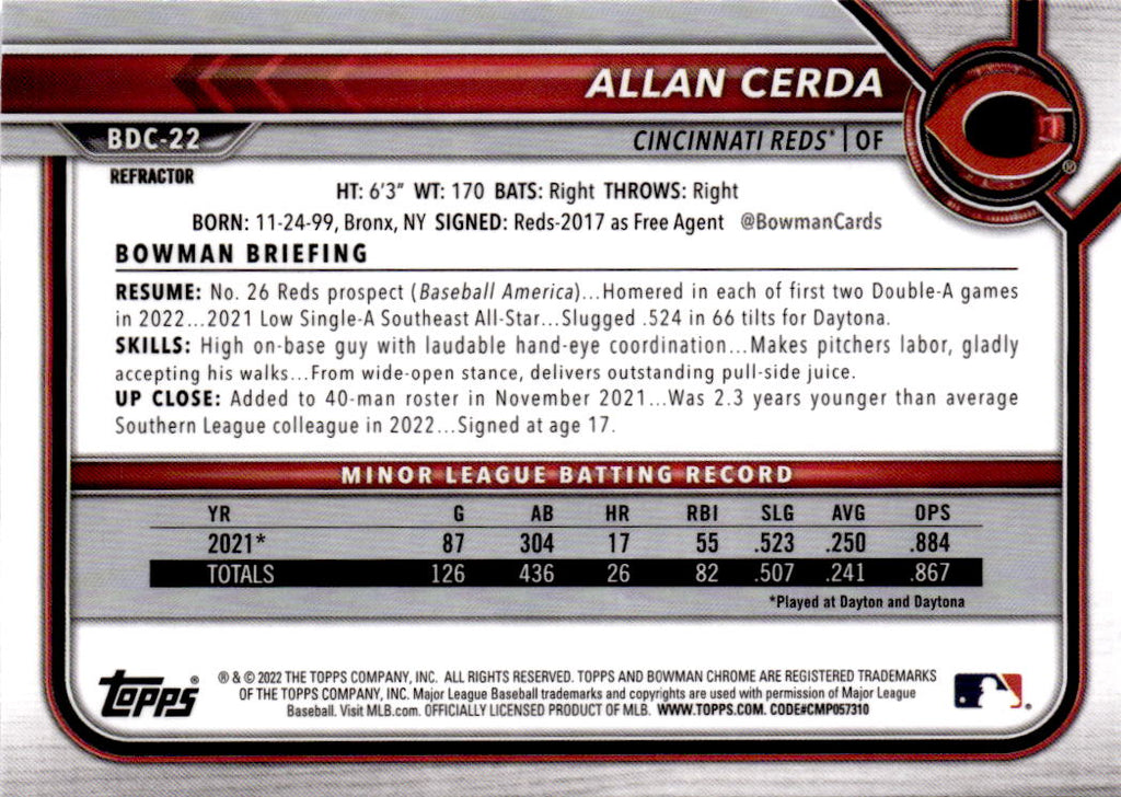 2022 Bowman Draft #BDC-22 Allan Cerda Chrome Refractor