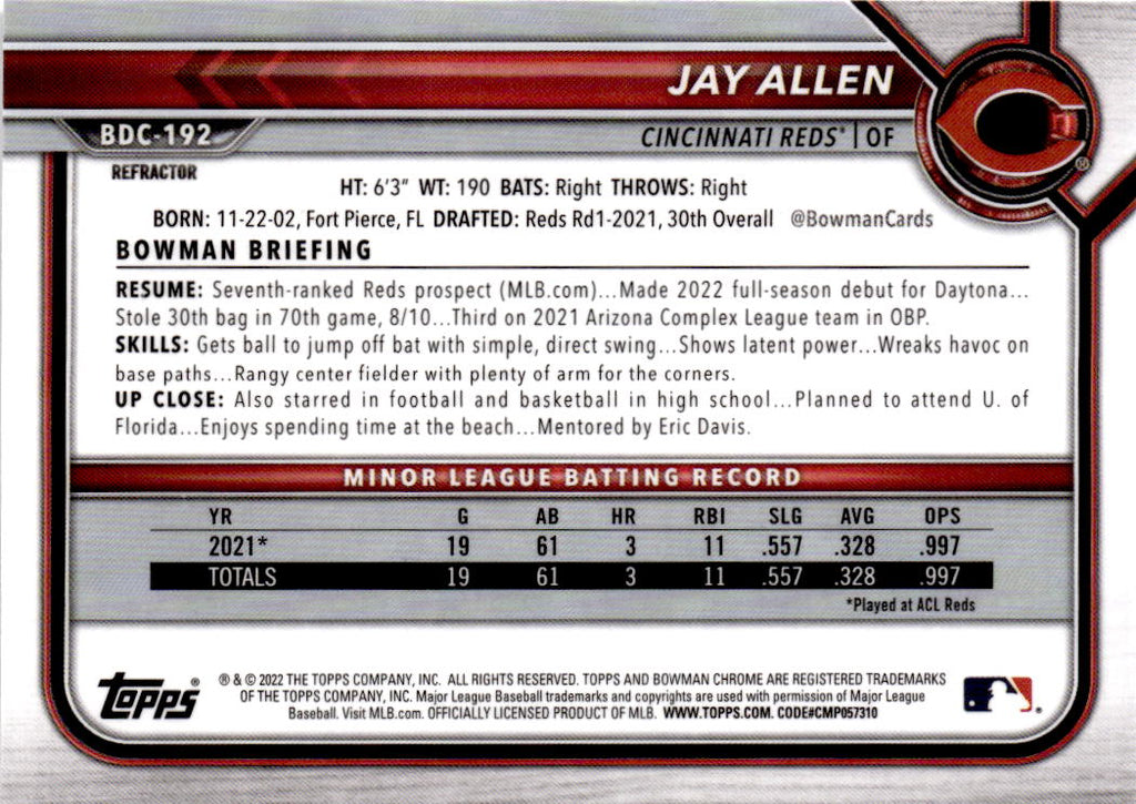 2022 Bowman Draft #BDC-192 Jay Allen Chrome Refractor