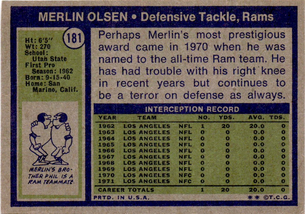 1972 Topps #181 Merlin Olsen
