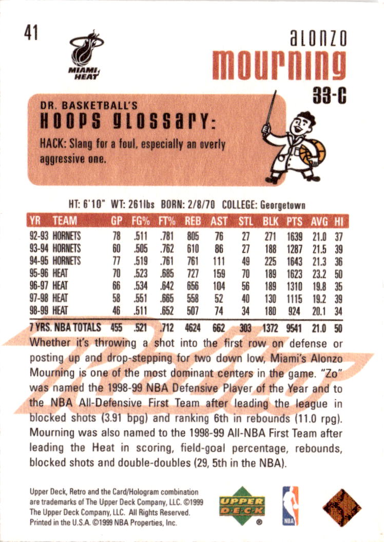 1999-00 Upper Deck Retro #41 Alonzo Mourning