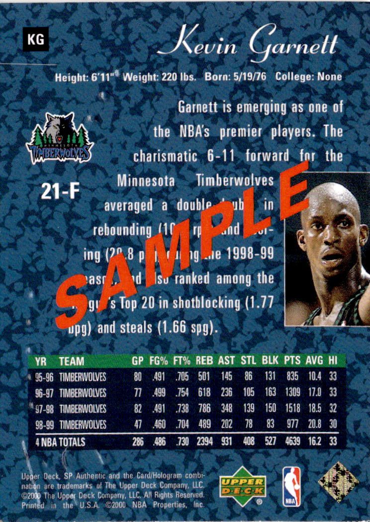 1999-00 SP Authentic #KG Kevin Garnett