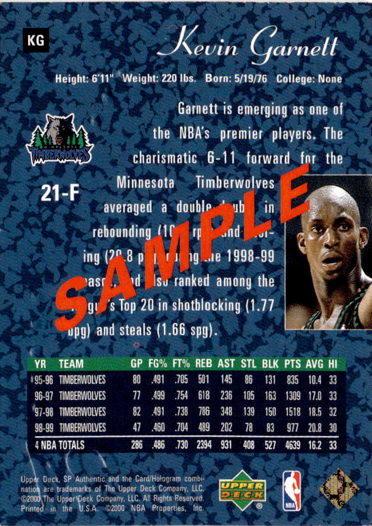 1999-00 SP Authentic #KG Kevin Garnett