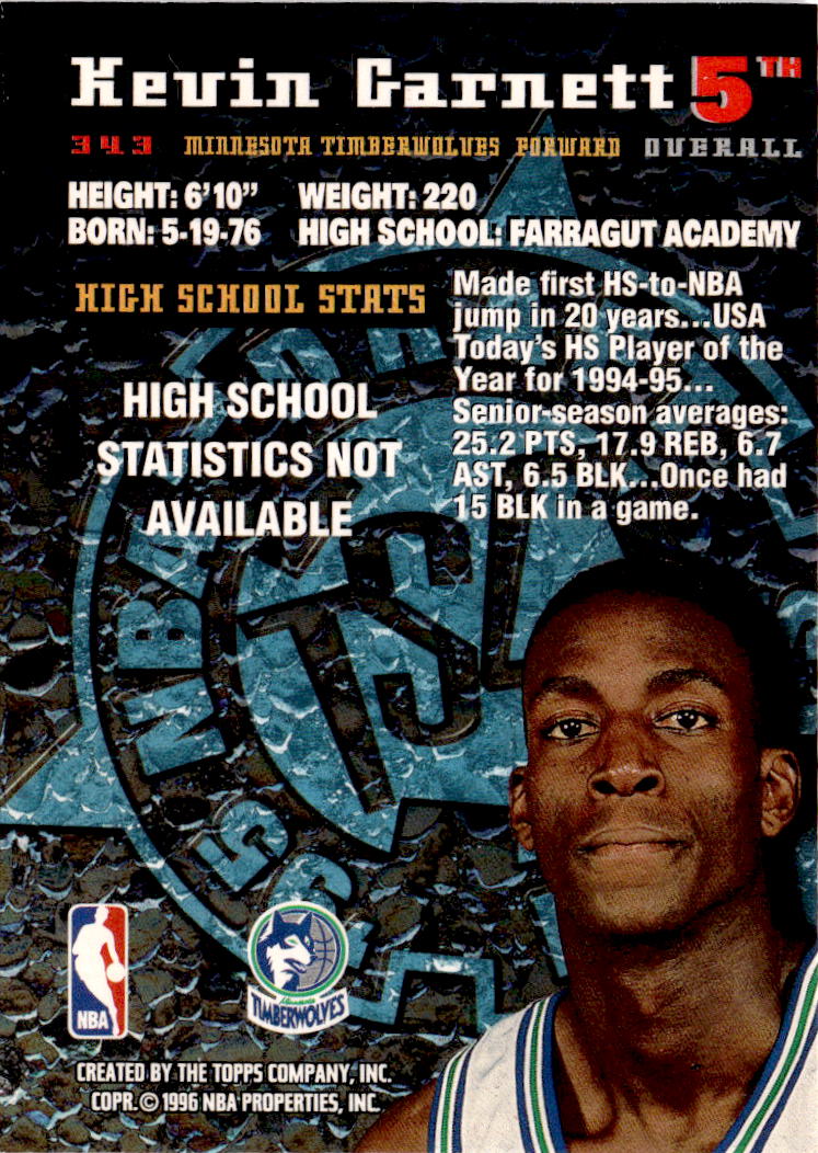 1995-96 Stadium Club #343 Kevin Garnett