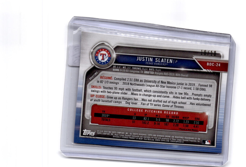2019 Bowman Draft Sapphire Edition #BDC-24 Justin Slaten Purple Sapphire #/10