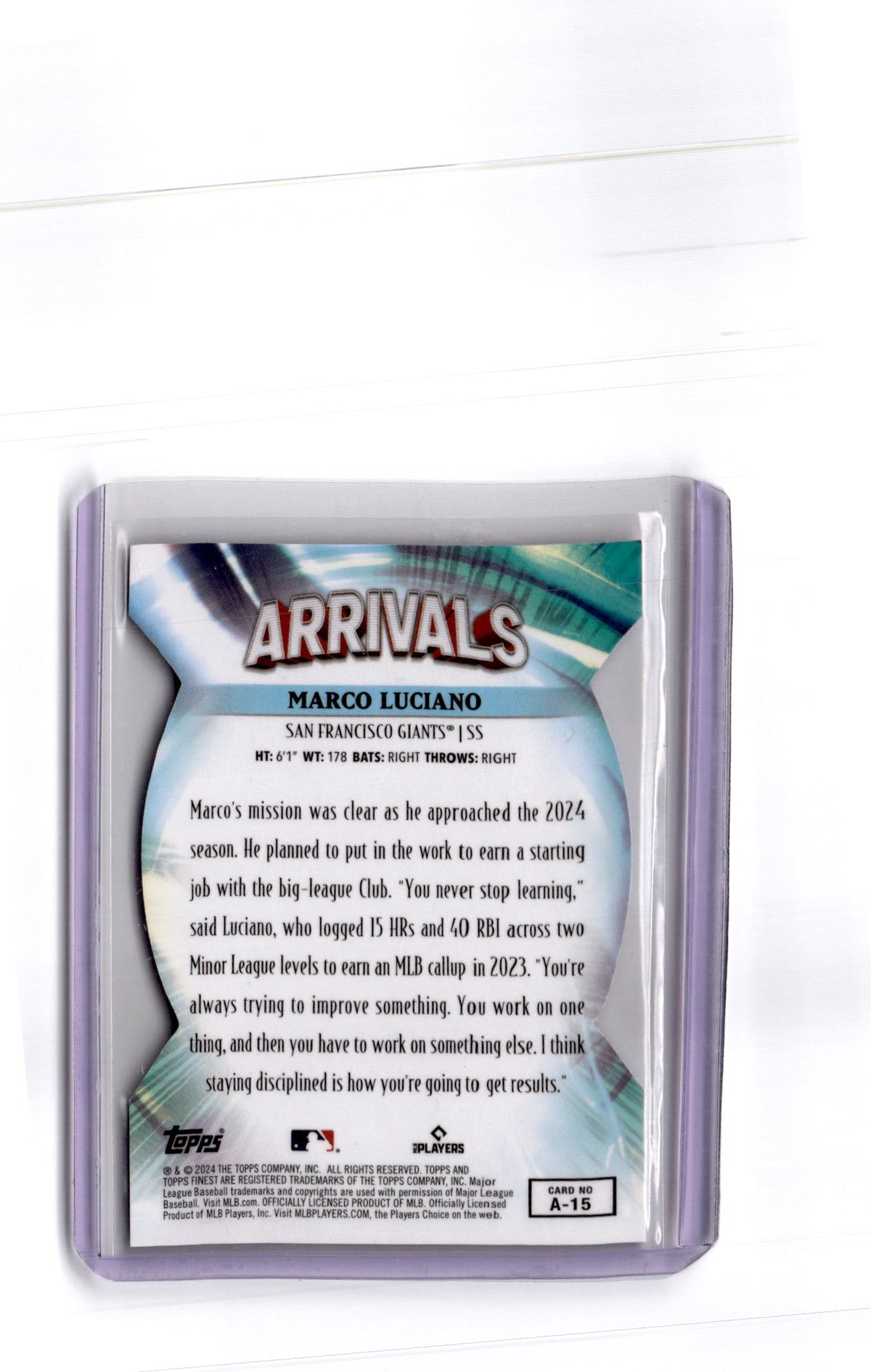 2024 Finest #A-15 Marco Luciano Arrivals Purple Refractors #/125