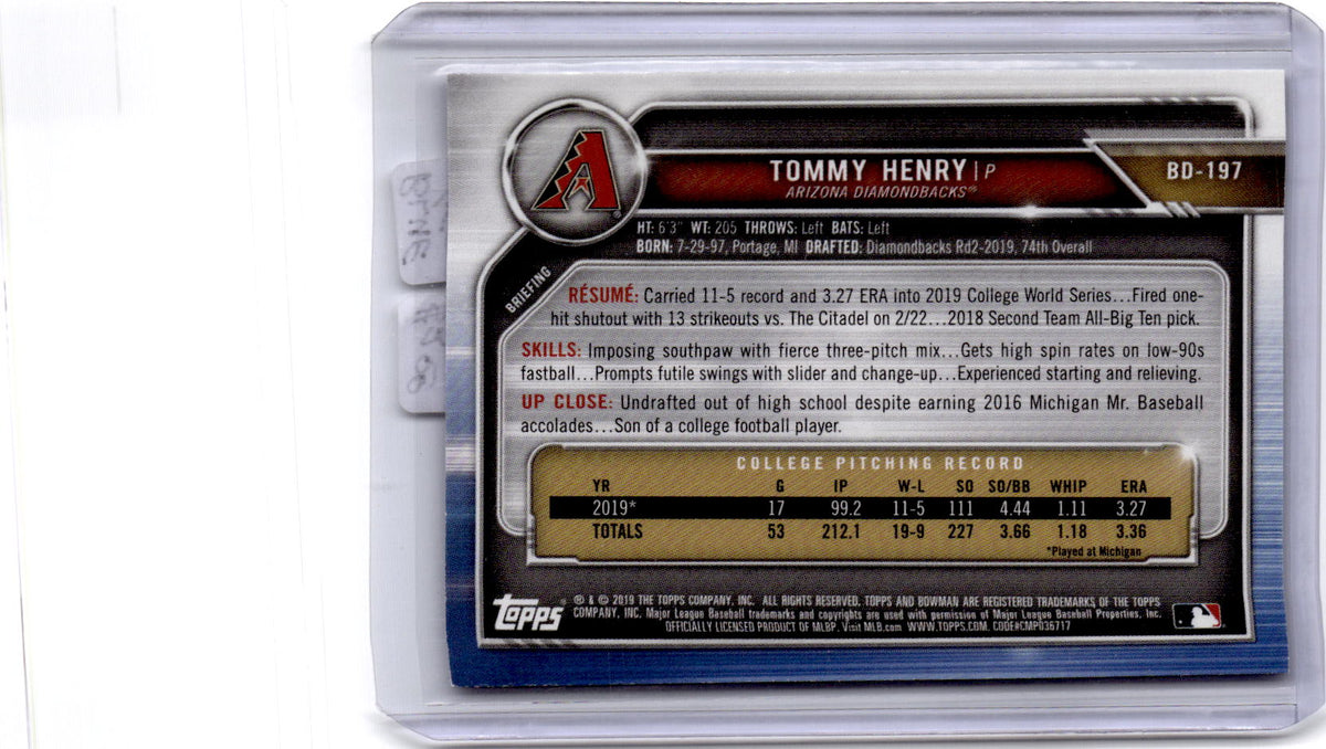 2019 Bowman Draft #BD-197 Tommy Henry Blue #/150