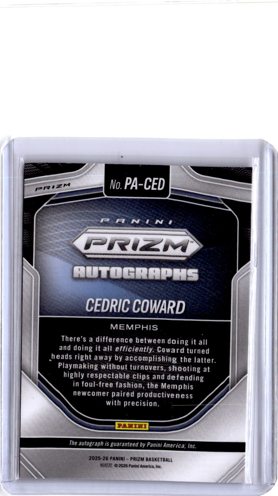 2025-26 Panini Prizm Cedric Coward Prizm Autographs Prizm