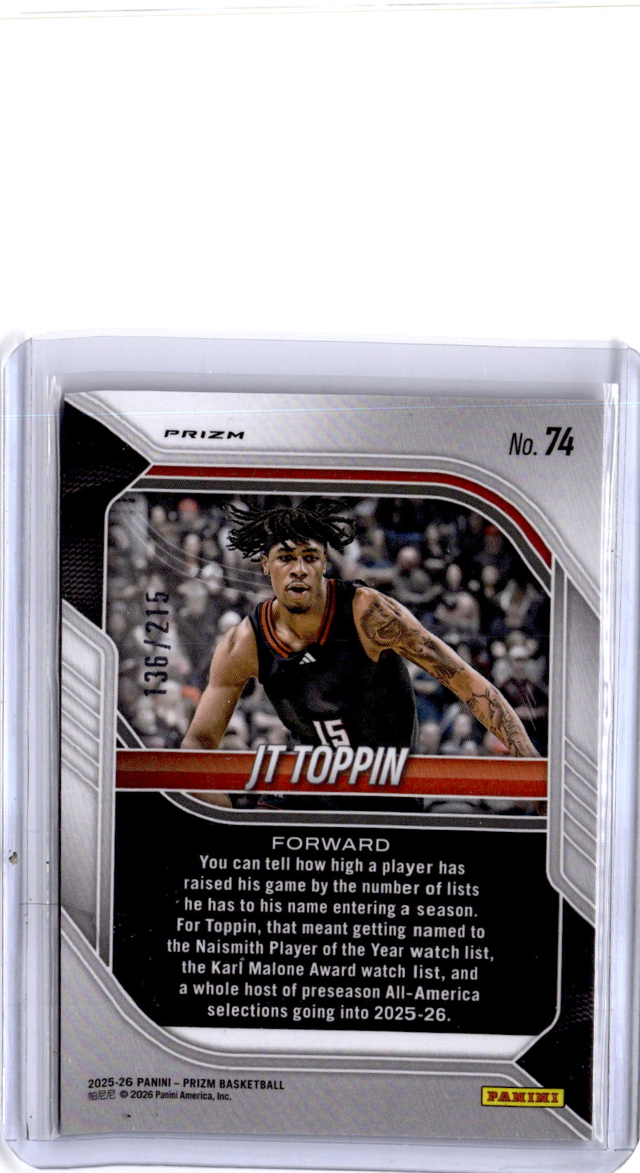 2025-26 Panini Prizm #74 JT Toppin Teal Prizm #/215