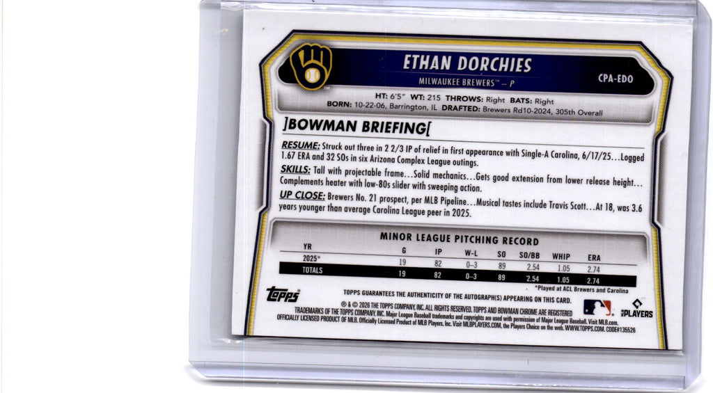 2026 Bowman #CPA-EDO Ethan Dorchies Chrome Prospect Autographs