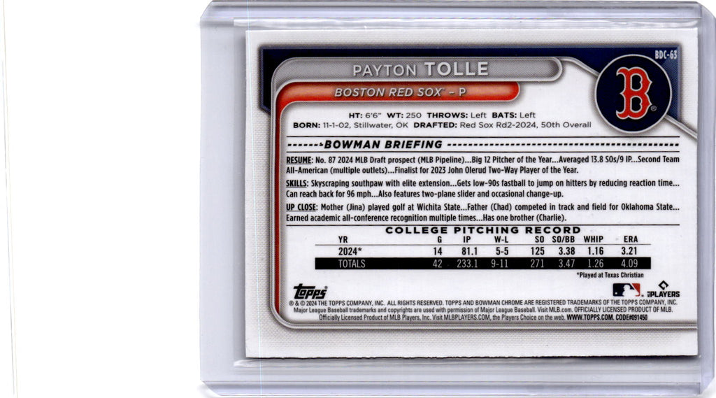 2024 Bowman Draft #BDC-63 Payton Tolle Chrome Fuchsia Lunar Refractor #/199