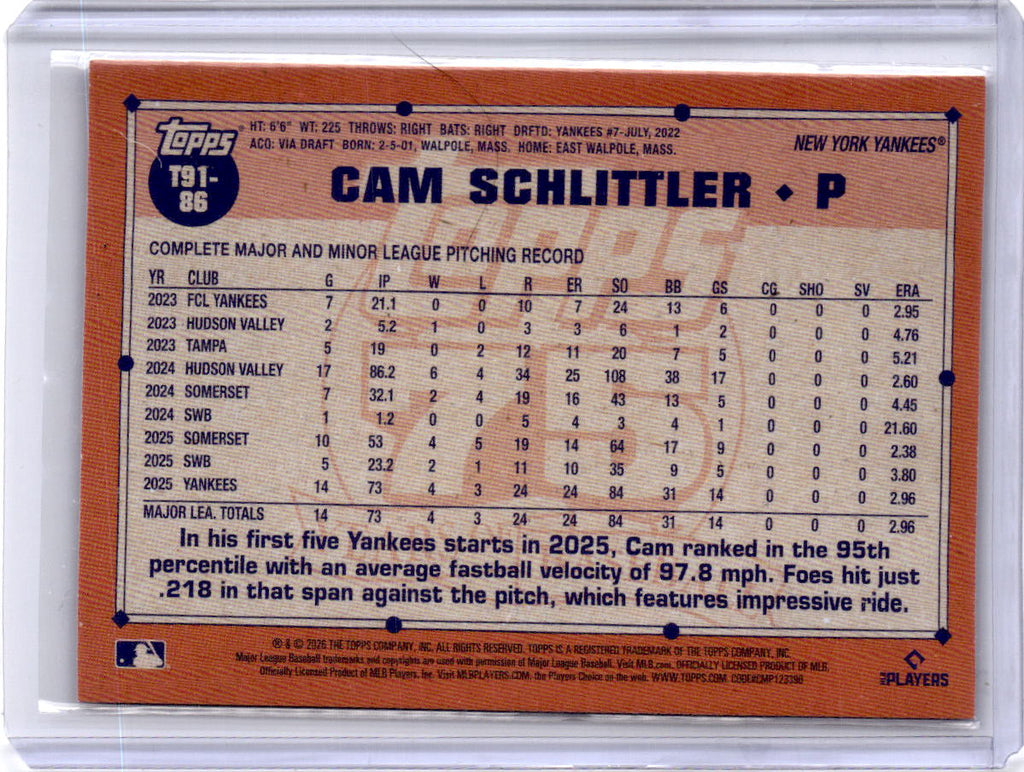 2026 Topps #T91-86 Cam Schlittler 1991 35th Anniversary Pink (Series One)